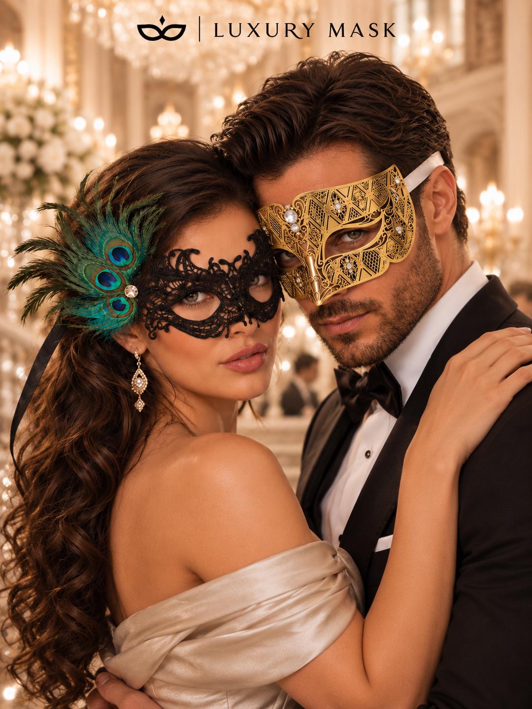 Black Peacock Lace Mask for Women & Gold Clear Stone Venetian Mask for Men – product photo 2