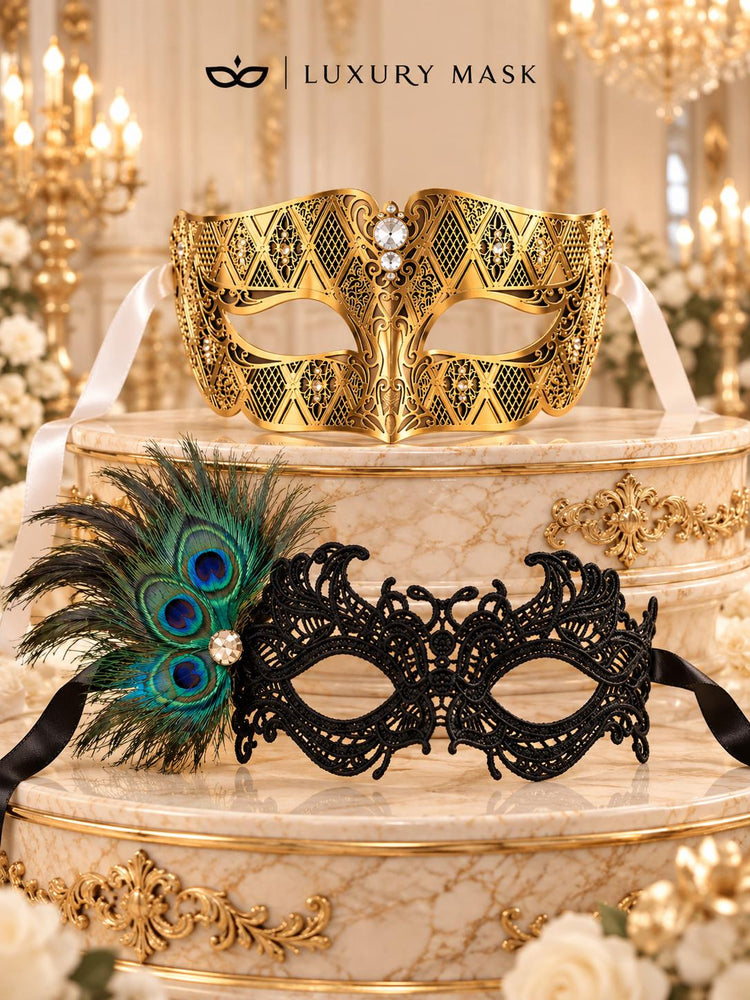Black Peacock Lace Mask for Women & Gold Clear Stone Venetian Mask for Men – product photo 5