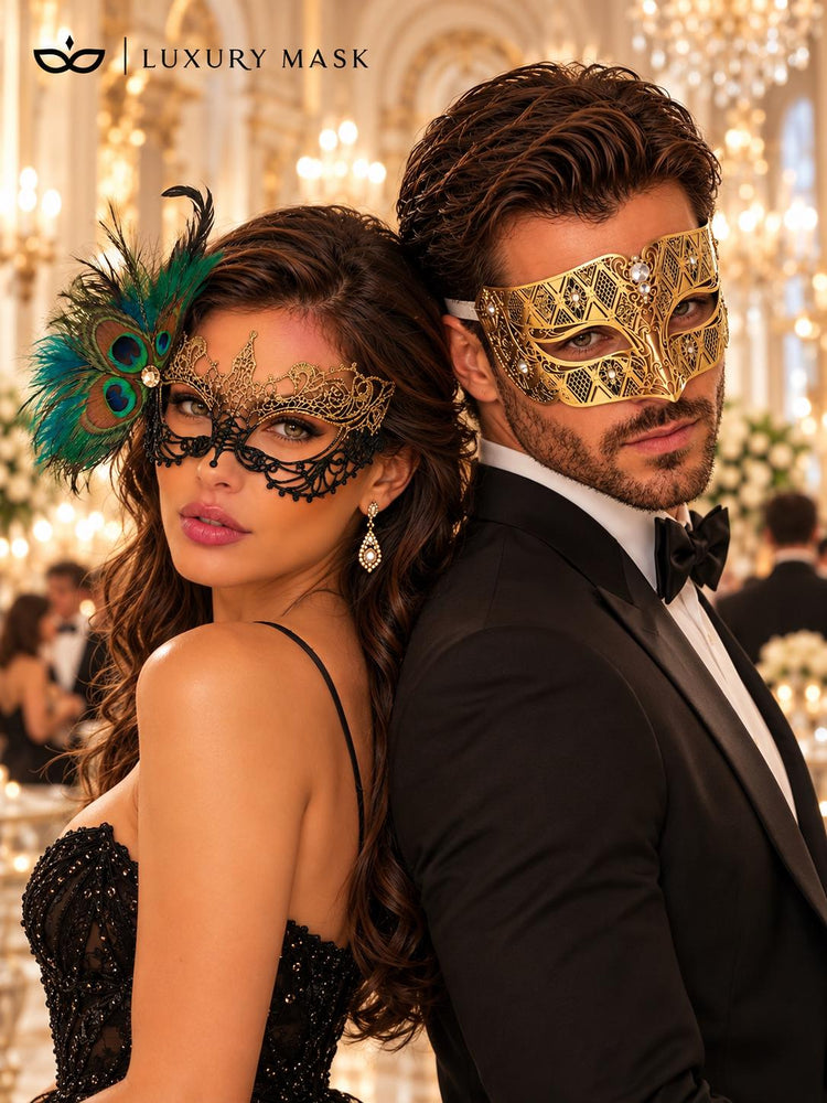 Black Gold Peacock Feather Lace Mask for Women & Gold Diamond Clear Stone Venetian Mask for Men – product photo 2