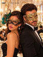 Black Gold Peacock Feather Lace Mask for Women & Gold Diamond Clear Stone Venetian Mask for Men – product photo 2
