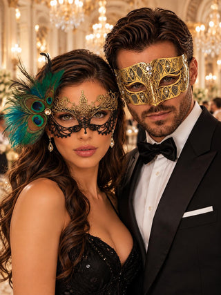 Black Gold Peacock Feather Lace Mask for Women & Gold Diamond Clear Stone Venetian Mask for Men