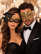Black Gold Flower Lace Peacock Mask & Gold Diamond Clear Stone Venetian Mask