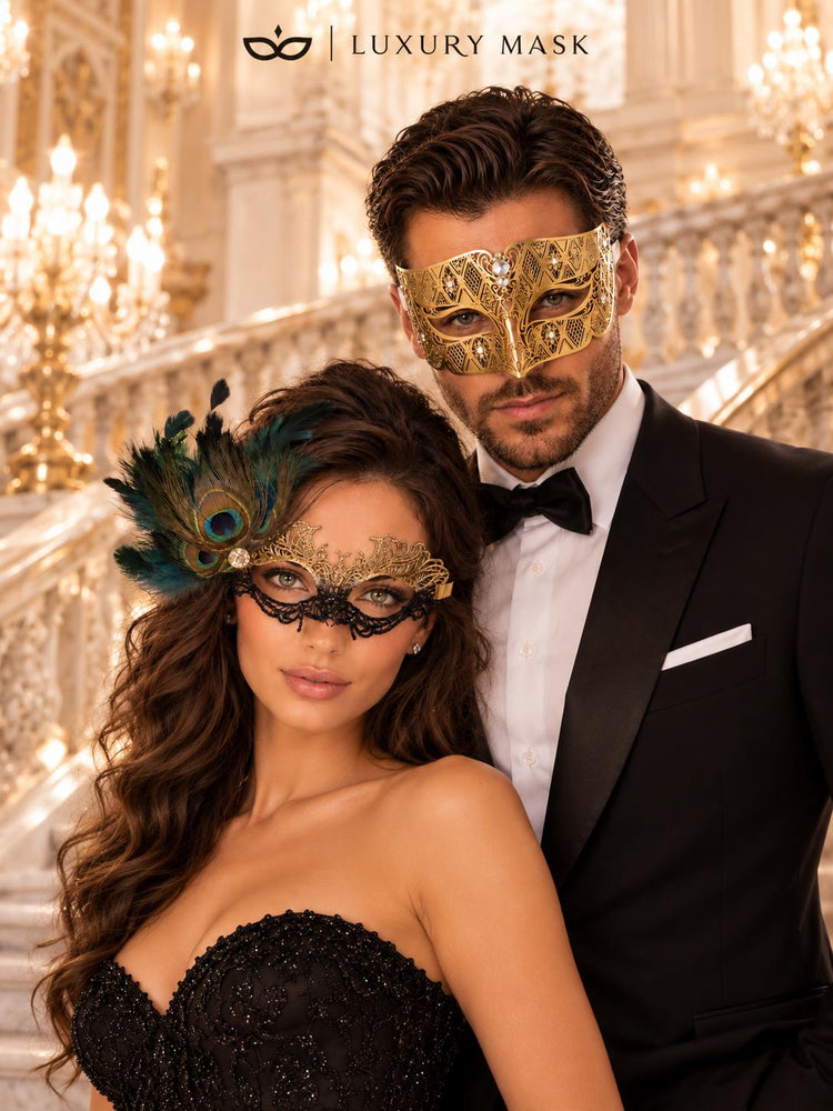 Black Gold Peacock Lace Mask for Women with Gold Diamond Stone Venetian Mask for Men – product photo 4