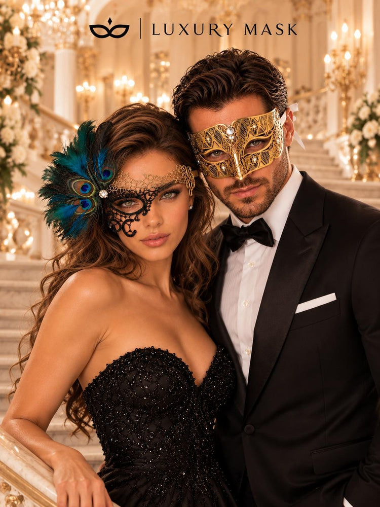 Black Gold Phantom Peacock Feather Mask for Women & Gold Diamond Clear Stone Mask for Men - Venetian Couples Masquerade Set - product photo