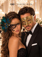 Black Gold Phantom Peacock Feather Mask for Women & Gold Diamond Clear Stone Mask for Men - Venetian Couples Masquerade Set - product photo