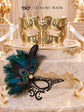 Black Gold Phantom Peacock Feather Mask for Women & Gold Diamond Clear Stone Mask for Men - Venetian Couples Masquerade Set - product photo