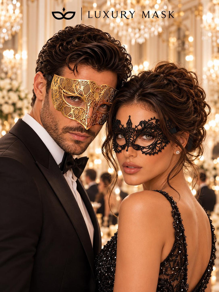 Gold Diamond Venetian Mask for Men & Black Lace Mask for Women | Elegant Gold Black Couples Masquerade Set - product view 2