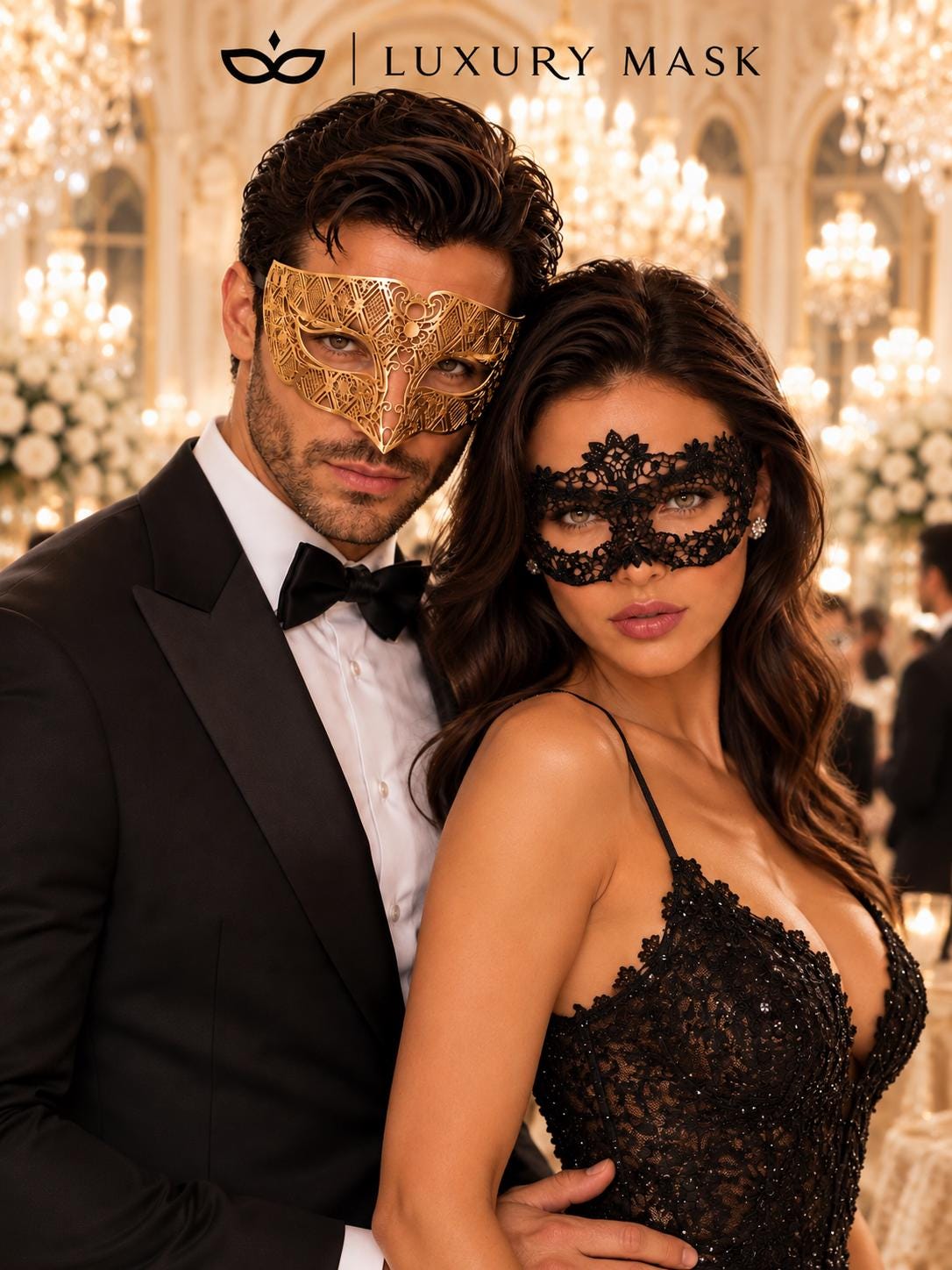 Black Flower Lace Mask for Women & Gold Diamond Venetian Mask for Men - His and Hers Masquerade Mask Set - product photo