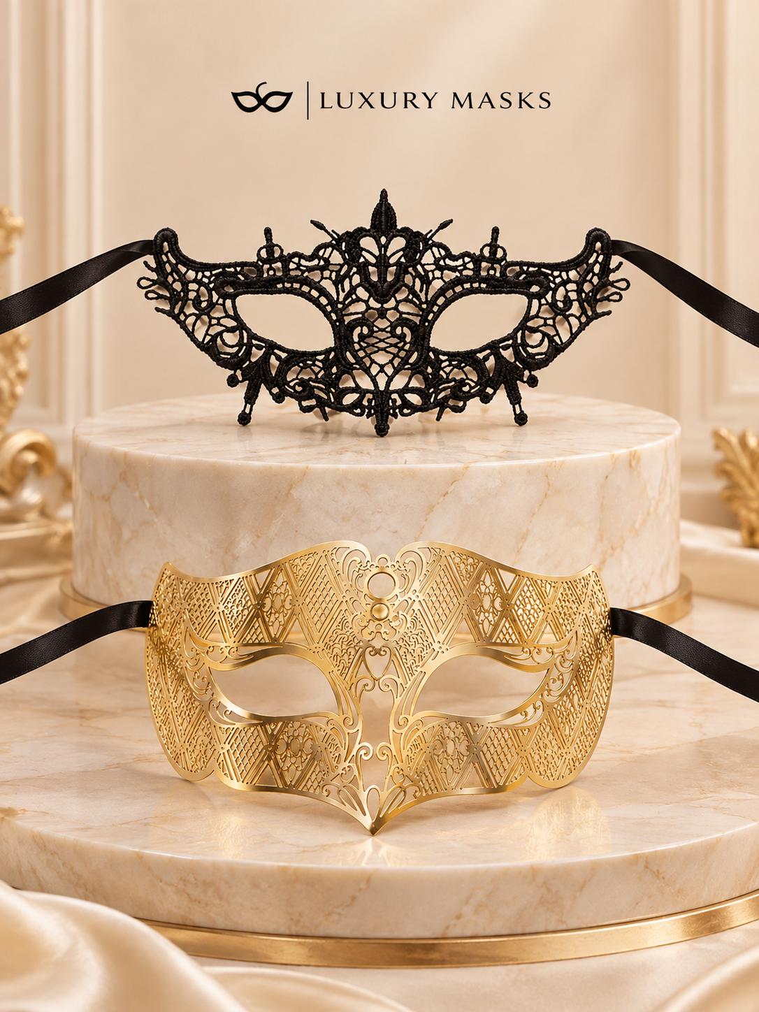 Gold Laser Cut Diamond Mask for Men with Black Lace Mask for Women | Venetian His and Hers Masquerade Masks - product view 6