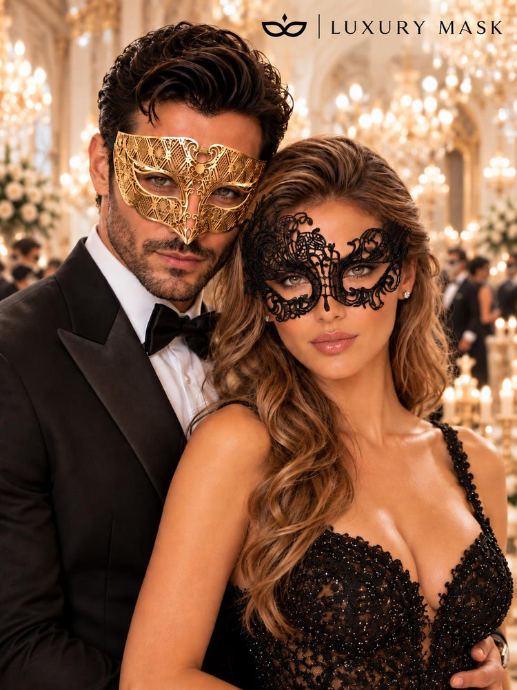 Black Swan Lace Mask for Women & Gold Diamond Venetian Mask for Men - Gold Black Couples Masquerade Mask Set - product photo