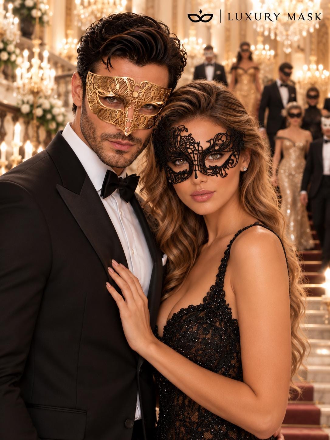 Black Swan Lace Mask for Women & Gold Diamond Venetian Mask for Men - Gold Black Couples Masquerade Mask Set - product photo
