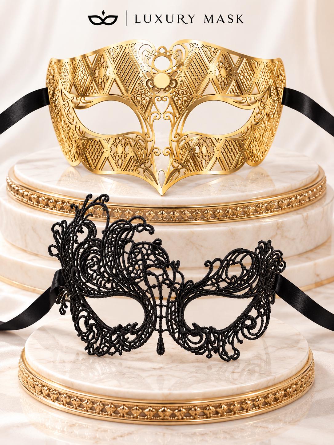 Black Swan Lace Mask for Women & Gold Diamond Venetian Mask for Men - Gold Black Couples Masquerade Mask Set - product photo