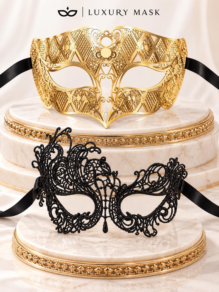 Black Swan Lace Mask for Women & Gold Diamond Venetian Mask for Men - Gold Black Couples Masquerade Mask Set - product photo