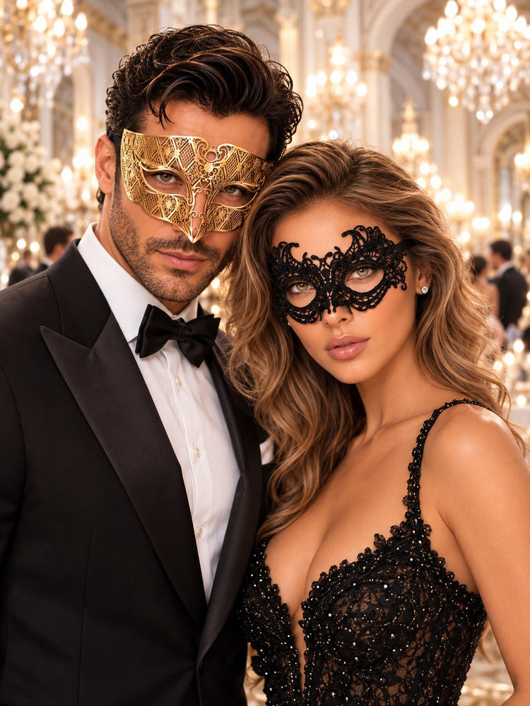 Black Lace Venetian Mask for Women with Gold Diamond Mask for Men | Elegant Black Gold His and Hers Masquerade Set