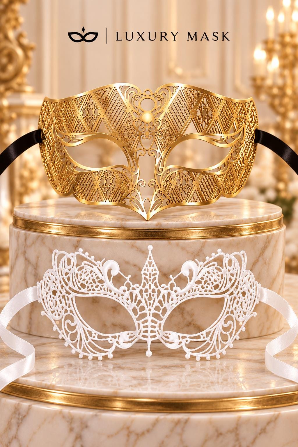 White Lace Mask for Women & Gold Diamond Venetian Mask for Men | Gold White His and Hers Masquerade Mask Set - product view 6