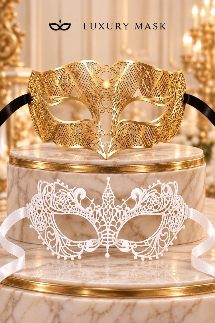 White Lace Mask for Women & Gold Diamond Venetian Mask for Men | Gold White His and Hers Masquerade Mask Set - product view 6