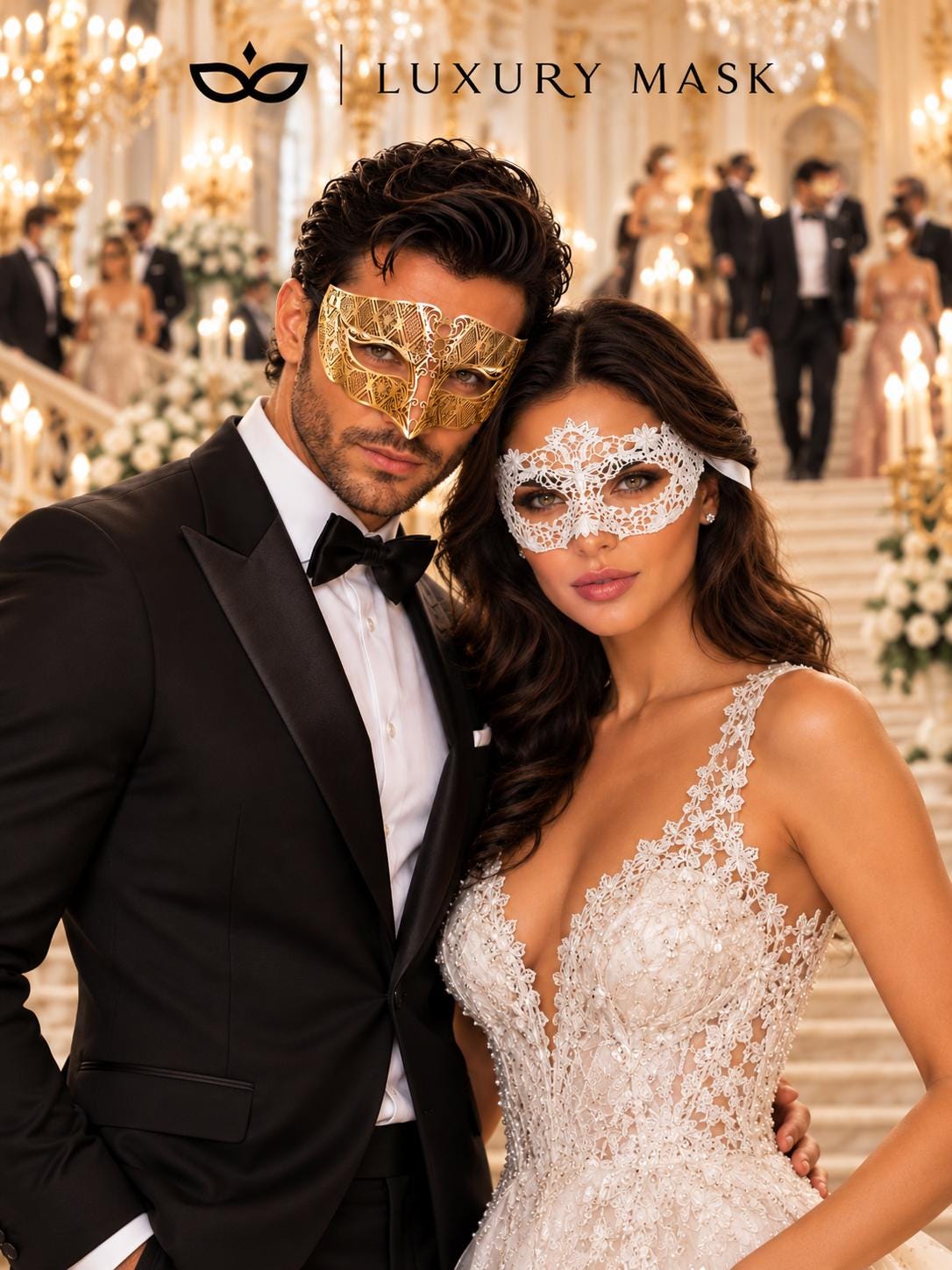 White Flower Lace Mask for Women with Gold Diamond Venetian Mask for Men | Gold White Couples Masquerade Set - product view 3