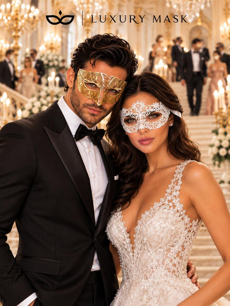 White Flower Lace Mask for Women with Gold Diamond Venetian Mask for Men | Gold White Couples Masquerade Set - product view 3
