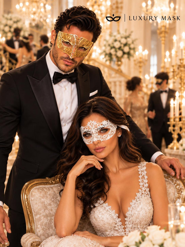 White Flower Lace Mask for Women with Gold Diamond Venetian Mask for Men | Gold White Couples Masquerade Set - product view 4