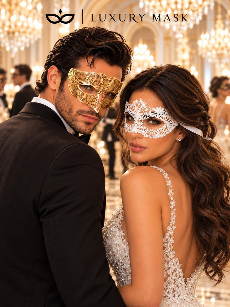 White Flower Lace Mask for Women with Gold Diamond Venetian Mask for Men | Gold White Couples Masquerade Set - product view 5