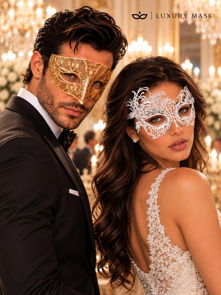 White Swan Lace Mask for Women with Gold Diamond Venetian Mask for Men | Gold White Couples Masquerade Masks - product view 4