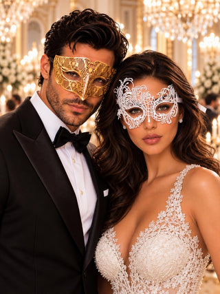 White Swan Lace Mask for Women with Gold Diamond Venetian Mask for Men | Gold White Couples Masquerade Masks
