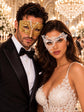 White Phantom Lace Mask for Women & Gold Diamond Venetian Mask for Men | Elegant Gold White His and Hers Masquerade Set
