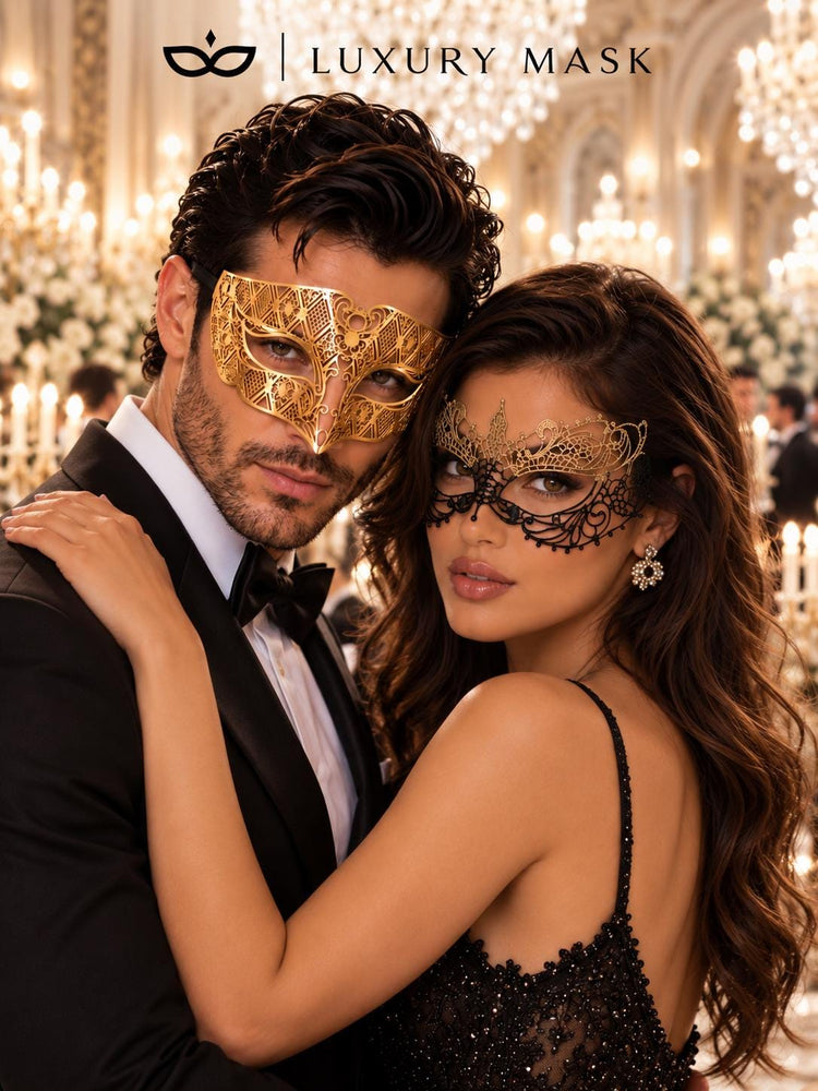 Black Gold Lace Mask for Women & Gold Diamond Venetian Mask for Men | Coordinated Gold His and Hers Masquerade Set - product view 5