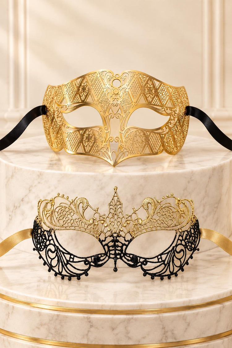Black Gold Lace Mask for Women & Gold Diamond Venetian Mask for Men | Coordinated Gold His and Hers Masquerade Set - product view 6