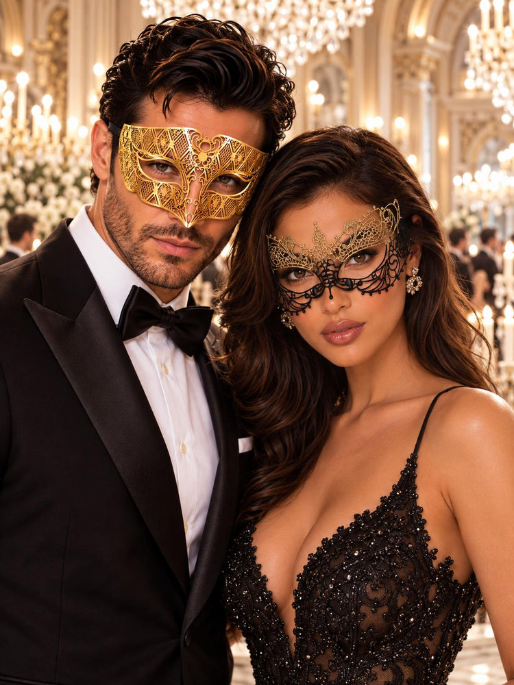 Black Gold Lace Mask for Women & Gold Diamond Venetian Mask for Men | Coordinated Gold His and Hers Masquerade Set