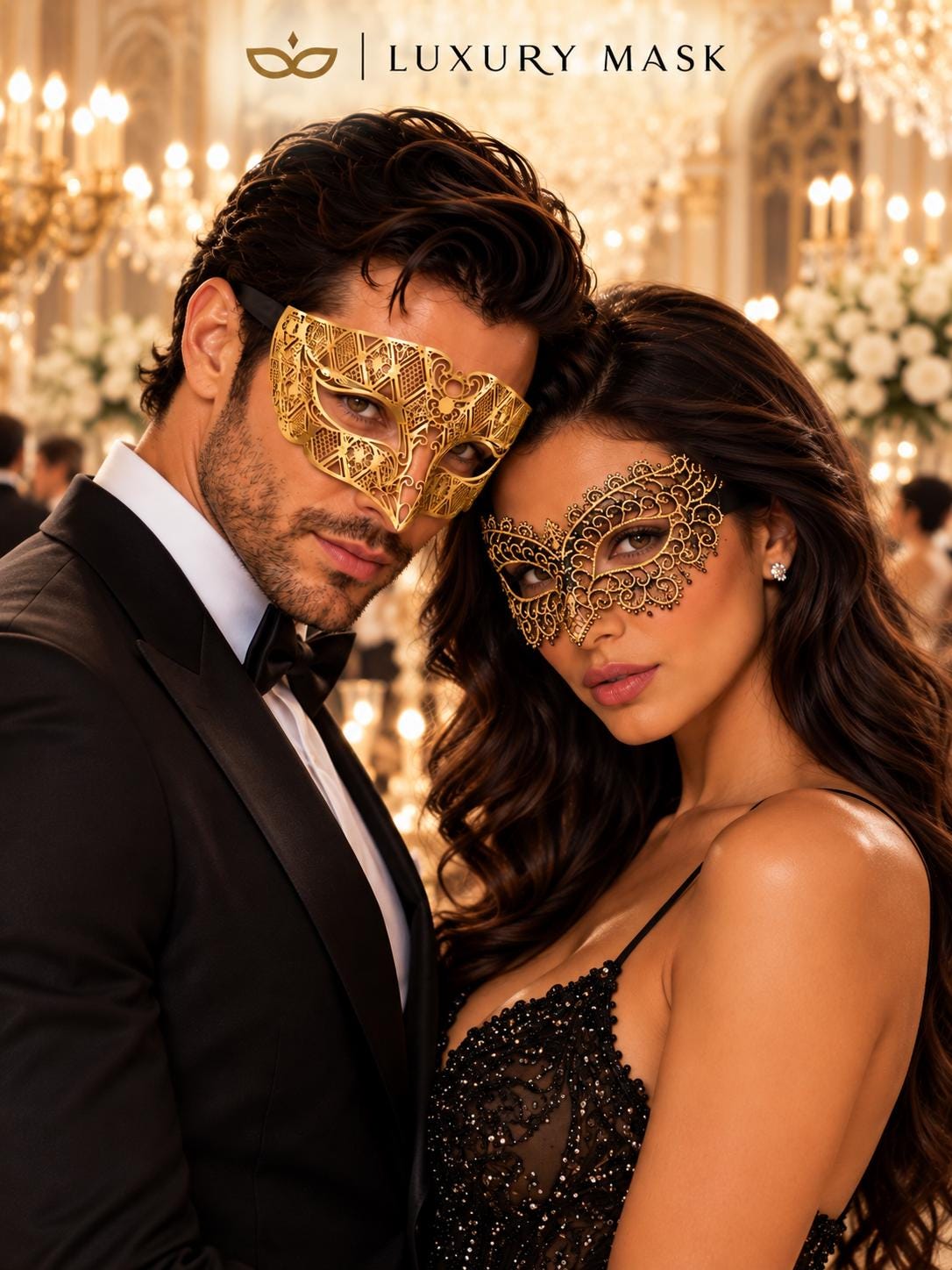 Gold Black Masquerade Masks for Couples | Diamond Laser Cut Venetian Mask for Men & Black Gold Lace Mask for Women - product view 2