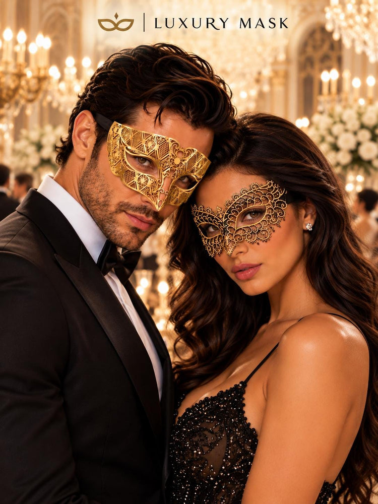 Gold Black Masquerade Masks for Couples | Diamond Laser Cut Venetian Mask for Men & Black Gold Lace Mask for Women - product view 2