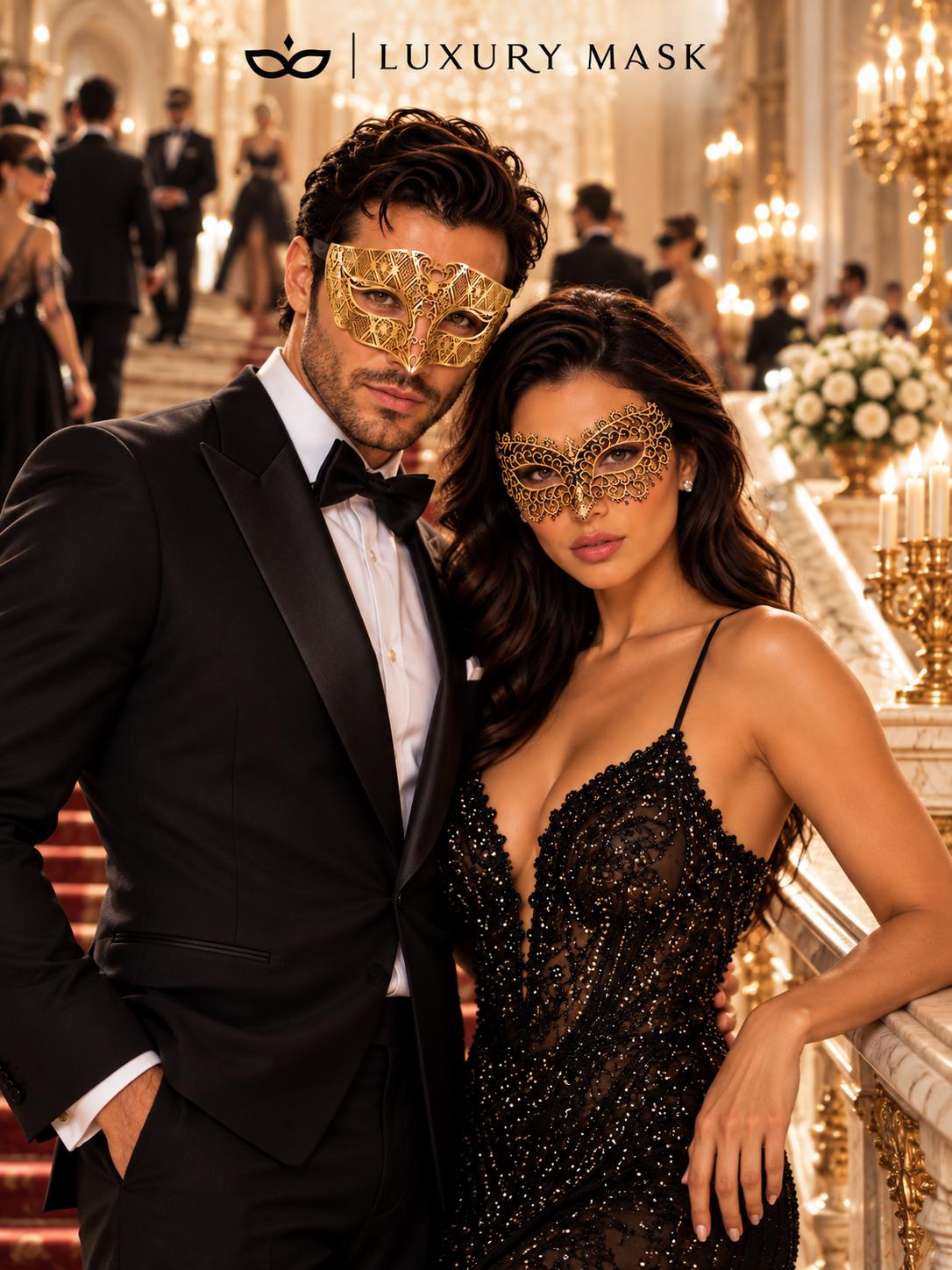 Gold Black Masquerade Masks for Couples | Diamond Laser Cut Venetian Mask for Men & Black Gold Lace Mask for Women - product view 5
