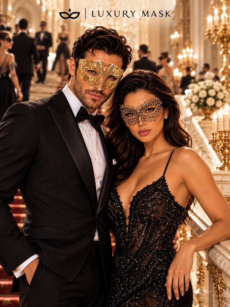 Gold Black Masquerade Masks for Couples | Diamond Laser Cut Venetian Mask for Men & Black Gold Lace Mask for Women - product view 5