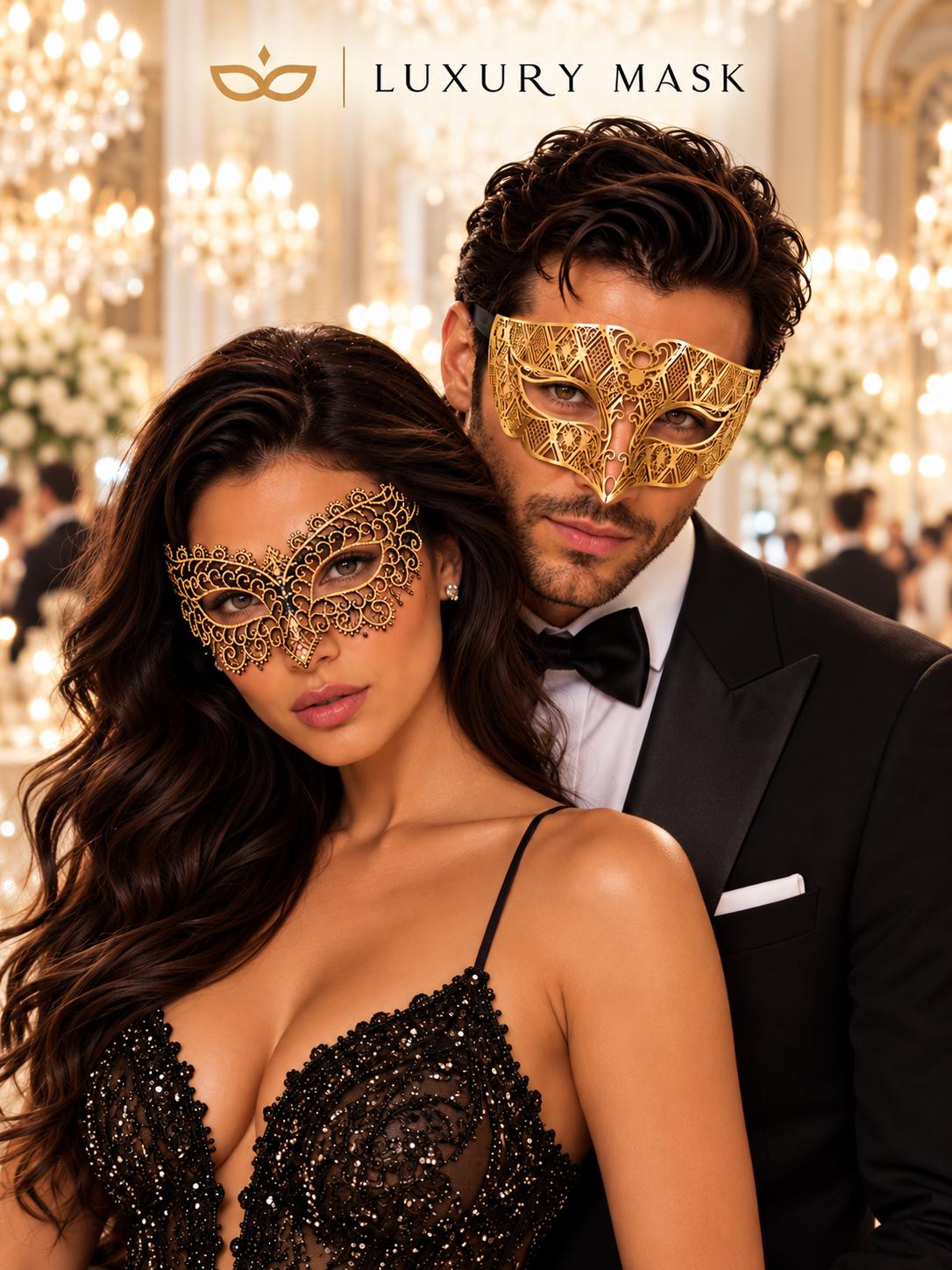 Gold Black Masquerade Masks for Couples | Diamond Laser Cut Venetian Mask for Men & Black Gold Lace Mask for Women - product view 4