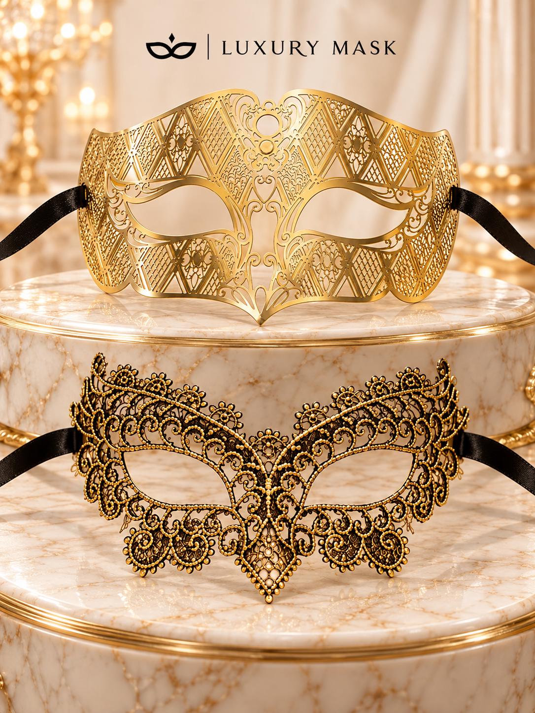 Gold Black Masquerade Masks for Couples | Diamond Laser Cut Venetian Mask for Men & Black Gold Lace Mask for Women - product view 6