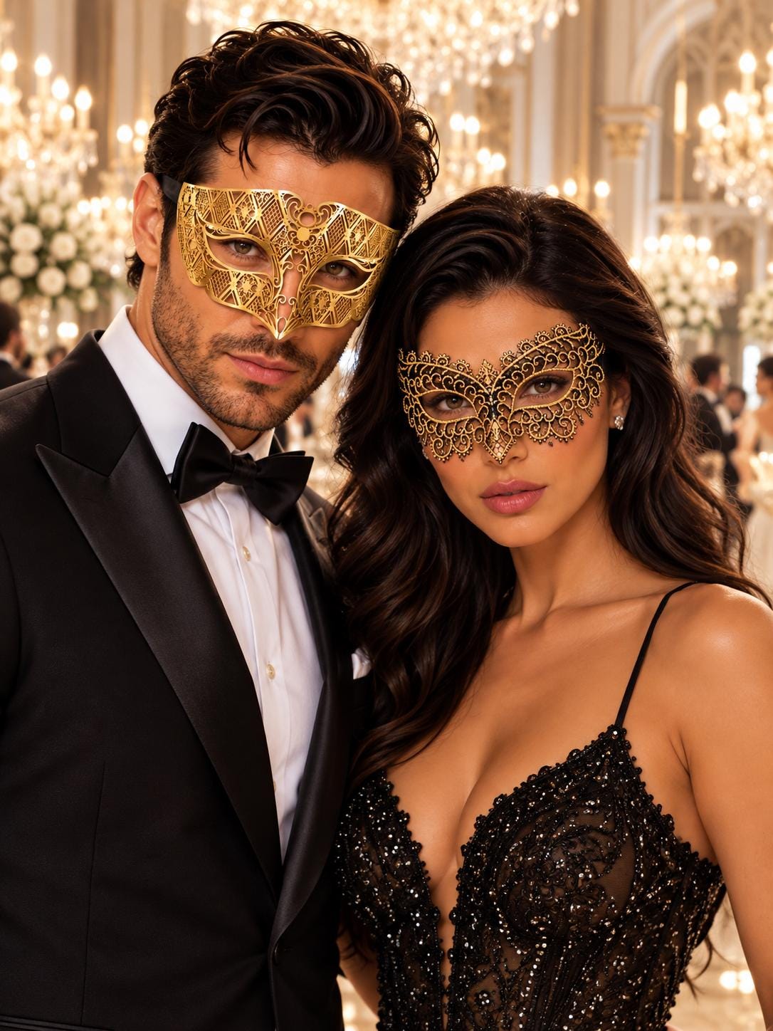 Gold Black Masquerade Masks for Couples | Diamond Laser Cut Venetian Mask for Men & Black Gold Lace Mask for Women