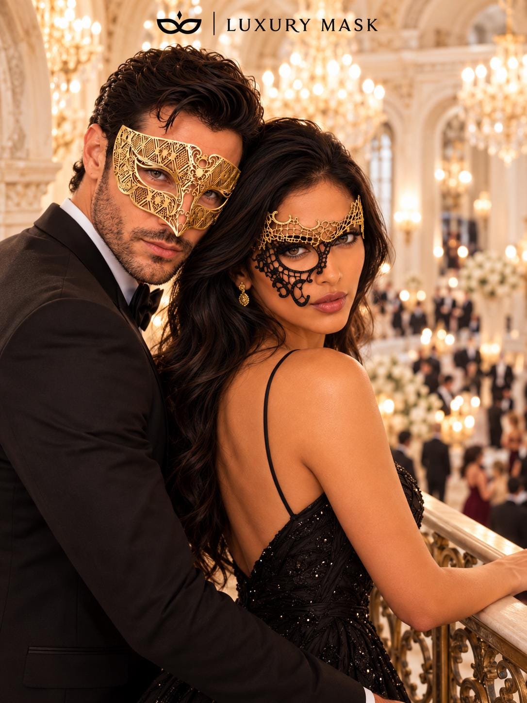 Black Gold Phantom Lace Mask & Gold Diamond Venetian Mask | Dramatic His and Hers Masquerade Masks for Couples - product view 5