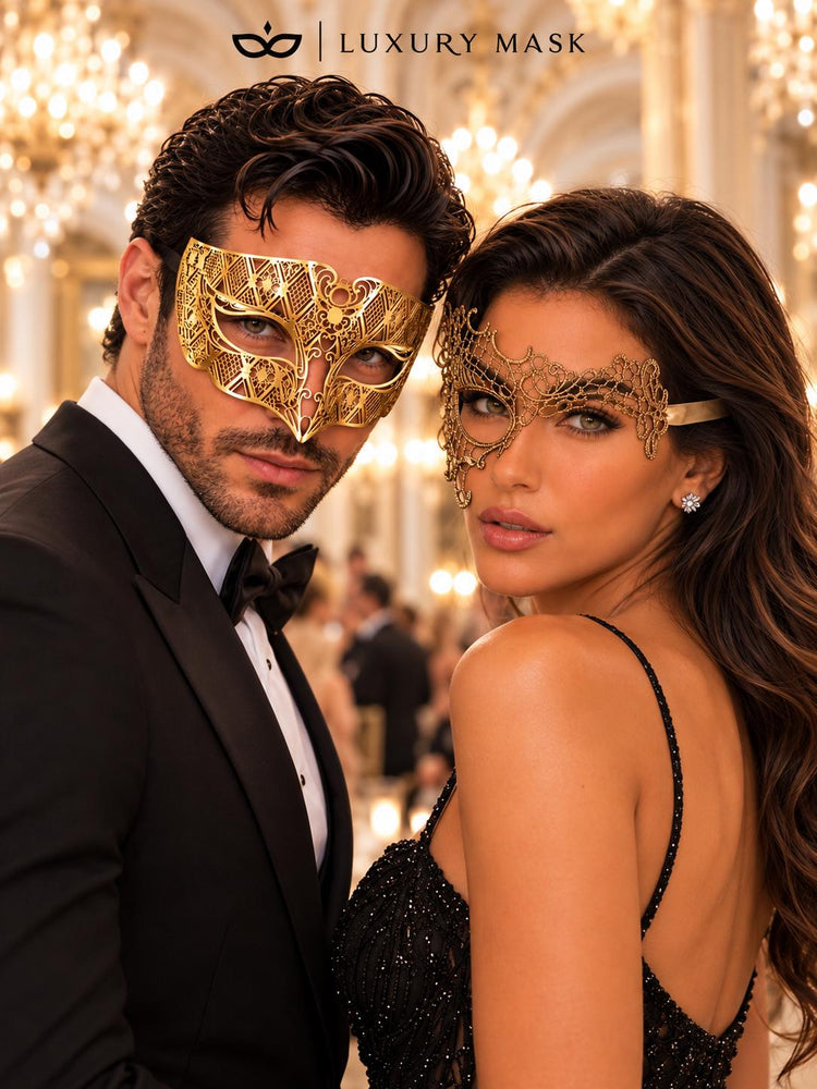 Gold Phantom Lace Mask for Women & Diamond Laser Cut Venetian Mask for Men | All Gold His and Hers Masquerade Set - product view 3