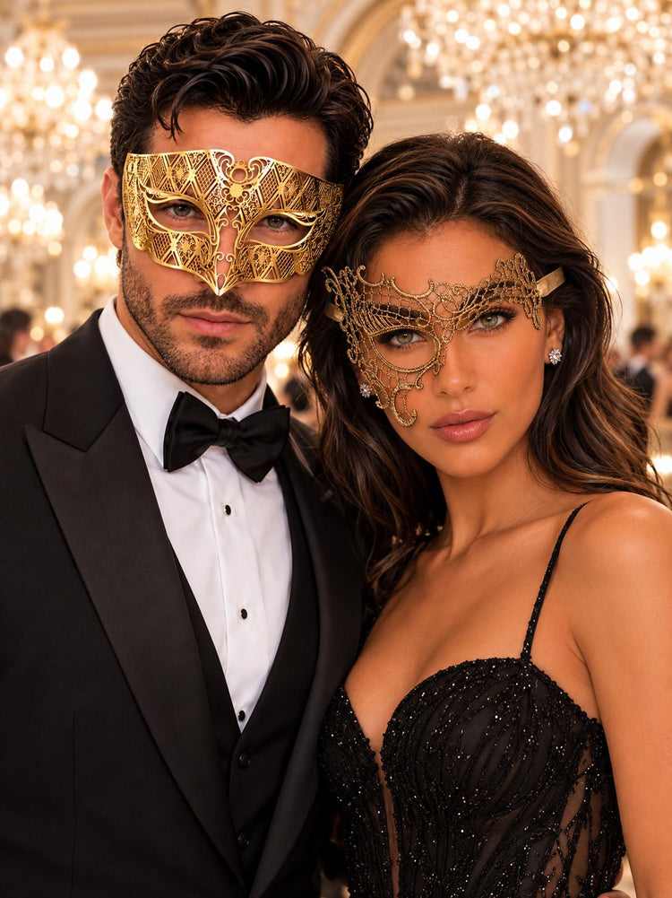 Gold Phantom Lace Mask for Women & Diamond Laser Cut Venetian Mask for Men | All Gold His and Hers Masquerade Set