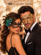 Black Lace Mask with Peacock Feathers for Women & Gold Diamond Venetian Mask for Men | Dramatic Gold Black Masquerade Couple Set - product view 5