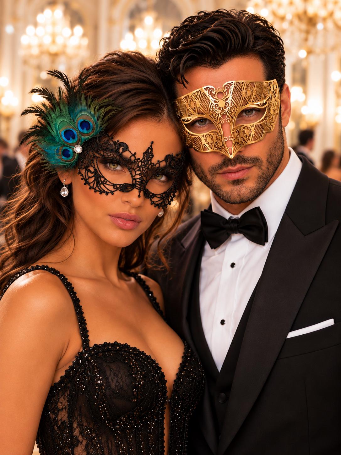 Black Lace Mask with Peacock Feathers for Women & Gold Diamond Venetian Mask for Men | Dramatic Gold Black Masquerade Couple Set