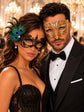 Black Lace Mask with Peacock Feathers for Women & Gold Diamond Venetian Mask for Men | Dramatic Gold Black Masquerade Couple Set