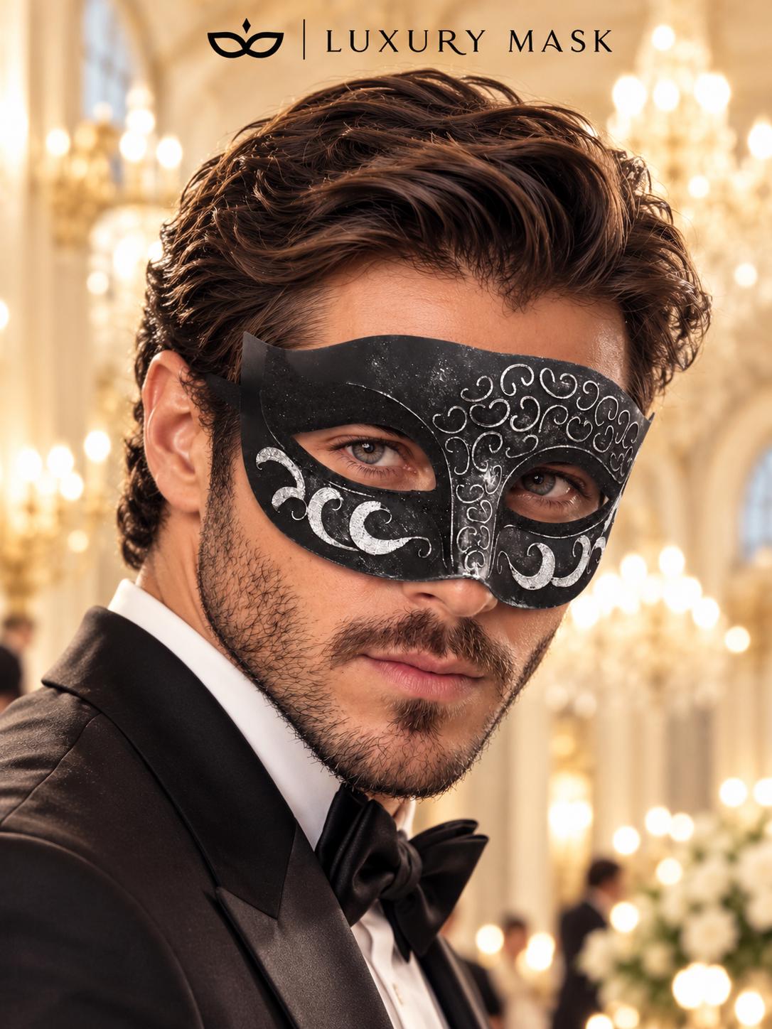 Antique Black Silver Venetian Mask for Men - Vintage Masquerade Mask for Halloween, Mardi Gras, Costume Party & Masquerade Ball - product photo