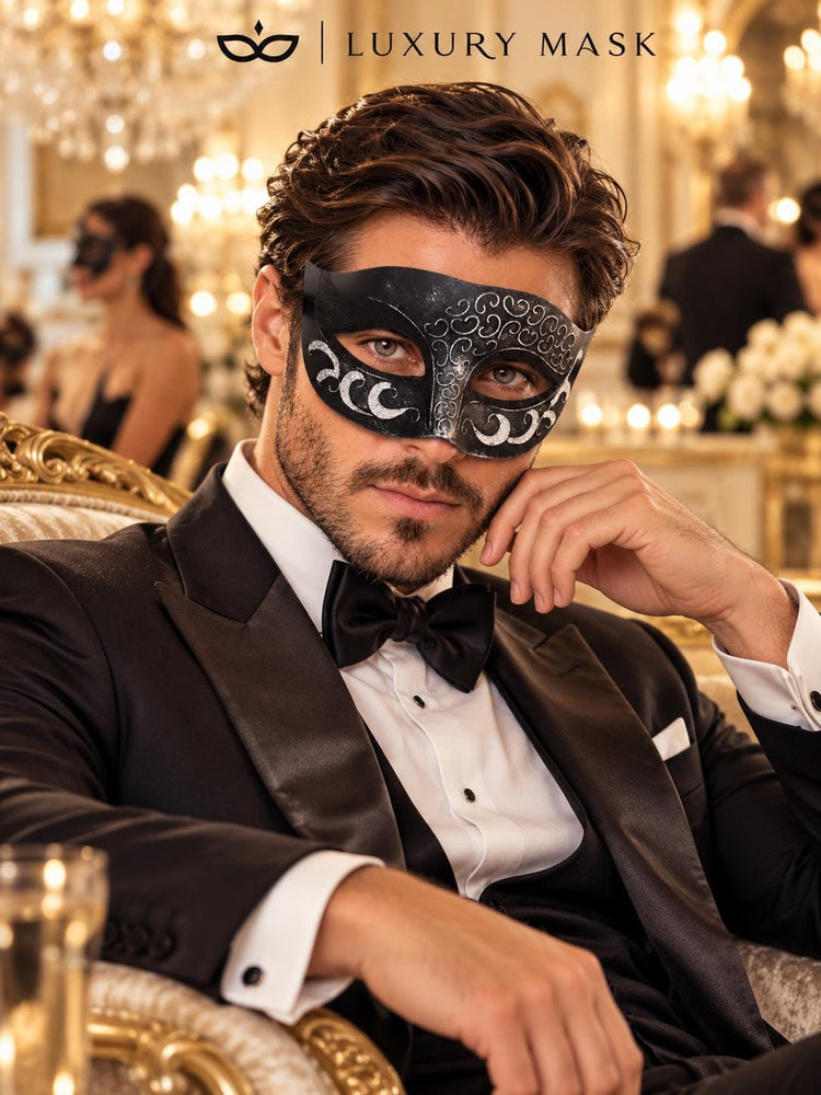 Antique Black Silver Venetian Mask for Men - Vintage Masquerade Mask for Halloween, Mardi Gras, Costume Party & Masquerade Ball - product photo