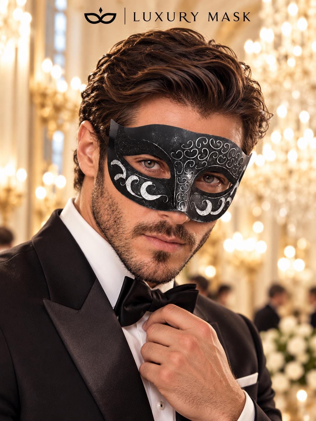Antique Black Silver Venetian Mask for Men - Vintage Masquerade Mask for Halloween, Mardi Gras, Costume Party & Masquerade Ball - product photo