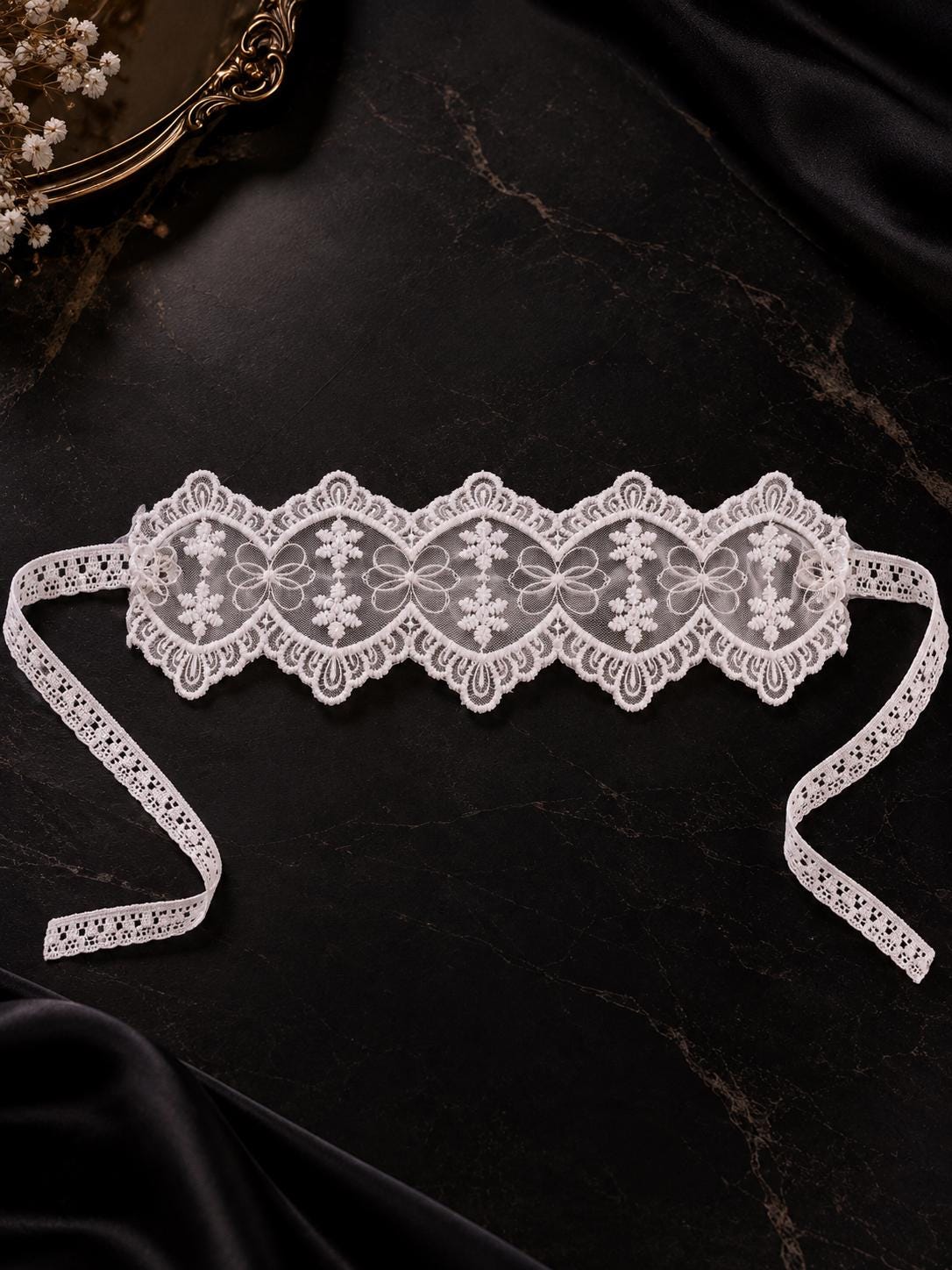 White Sheer Floral Lace Eye Mask with Ribbon Ties | Romantic Boudoir Blindfold for Women, Bridal Night, Honeymoon & Sleepwear - product view 7