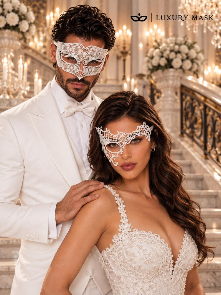 White Phantom Lace Mask for Women with White Diamond Laser Cut Metal Mask for Men – product photo 4