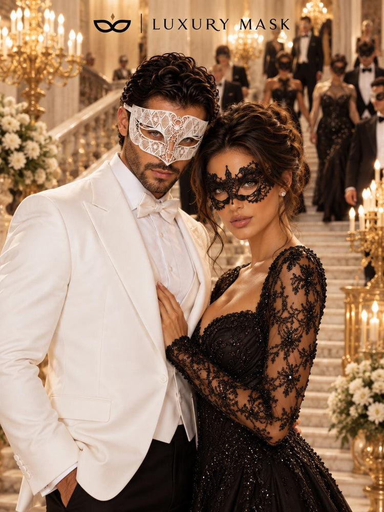 White Diamond Venetian Mask for Men & Black Lace Mask for Women – product photo 4