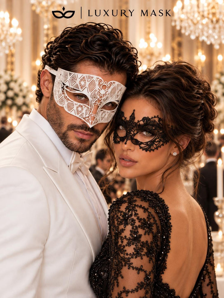 White Diamond Venetian Mask for Men & Black Lace Mask for Women – product photo 2